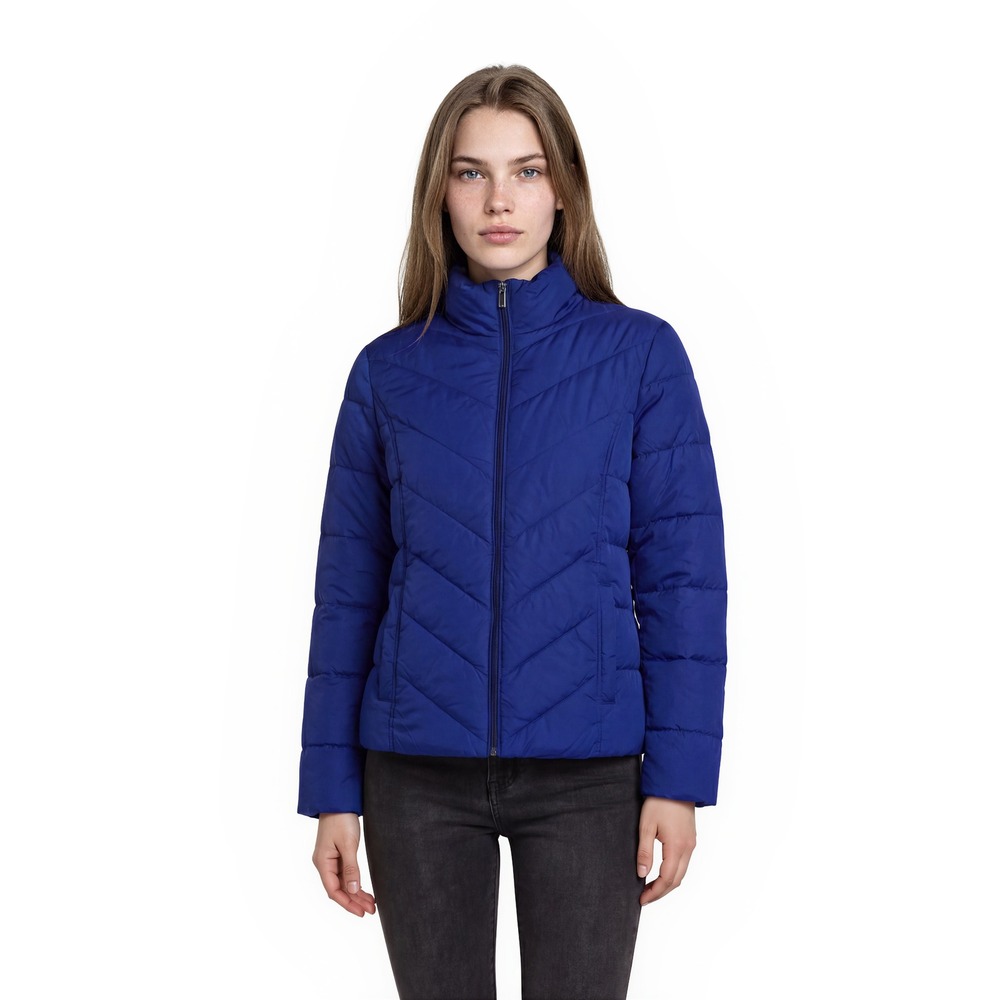 Lands End Down Puffer Jacket Women's Size Large Blue Chevron Full Zip Coat